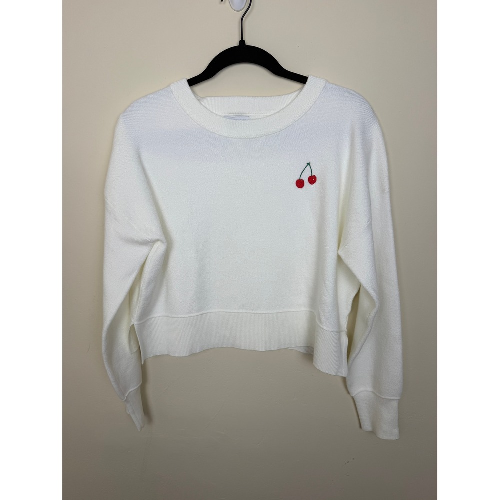 Cherry Embroidered White Cropped Sweater Crewneck Women's M